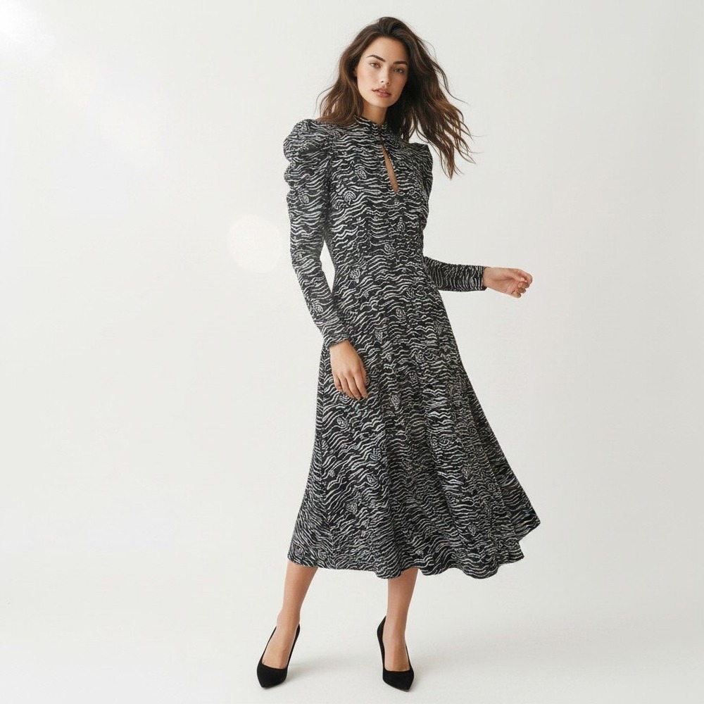 Anthropologie Black White Wave Print Puff Sleeve Keyhole Midi Dress Open Back